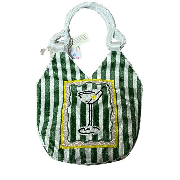 Handbags - Beaded Green Stripe Crossbody Bag with Martini Motif